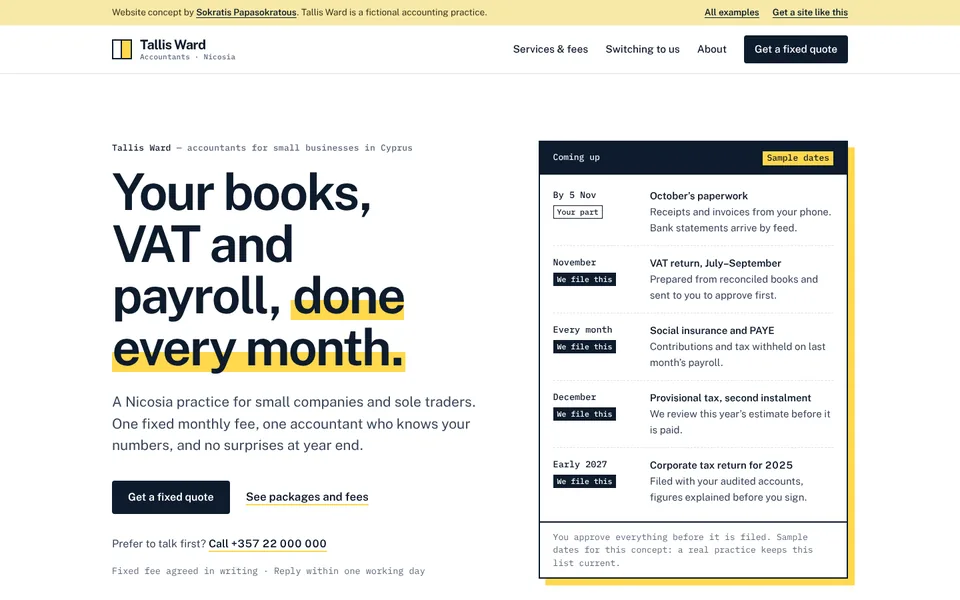 Homepage of Tallis Ward, a concept website for a Nicosia accounting practice