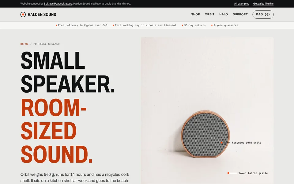 Homepage of Halden Sound, a concept online shop for speakers and headphones