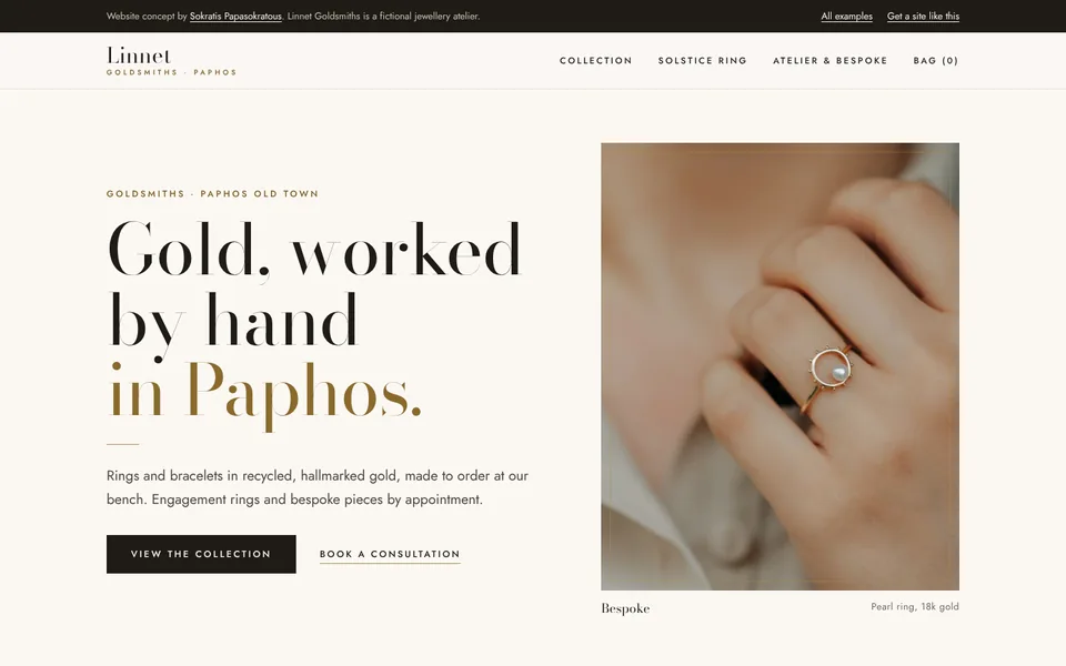 Homepage of Linnet Goldsmiths, a concept website for a jewellery atelier