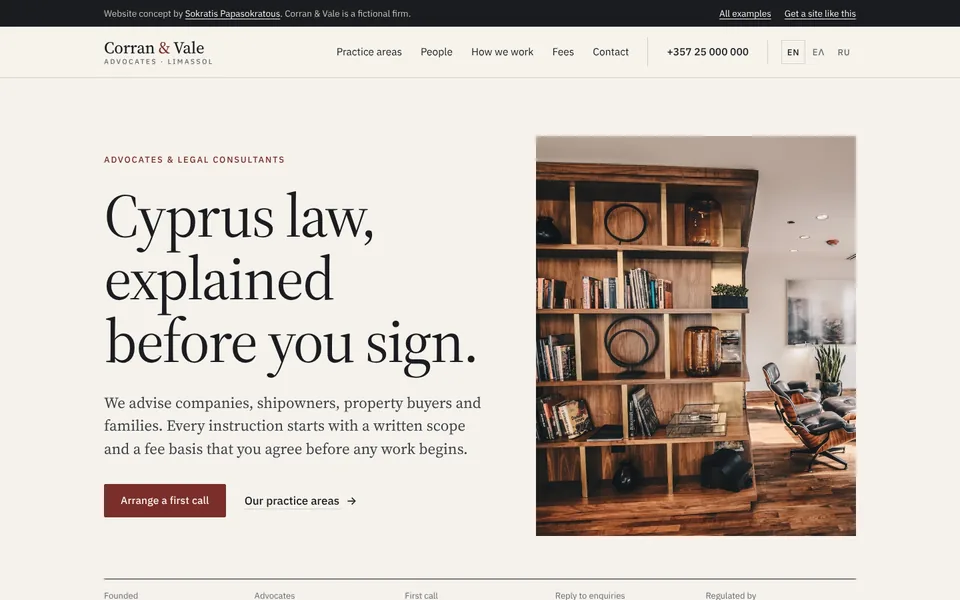 Homepage of Corran & Vale, a concept website for a Limassol law firm