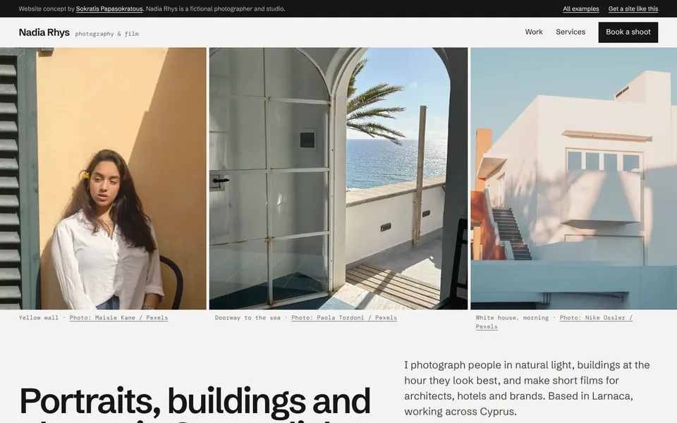 Homepage of Nadia Rhys, a concept portfolio for a photographer and filmmaker