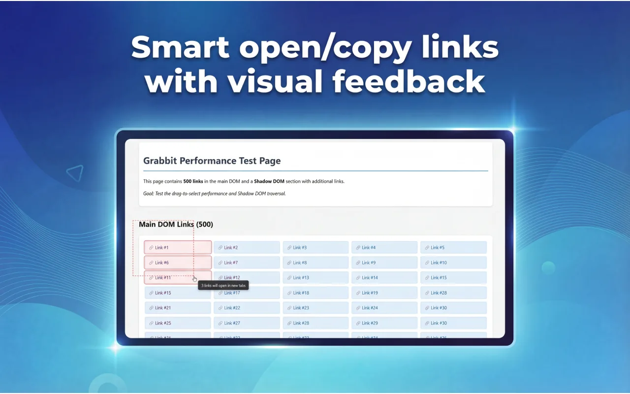 Grabbit drawing a selection box over links on a test page, with a hint that the selected links will open in new tabs