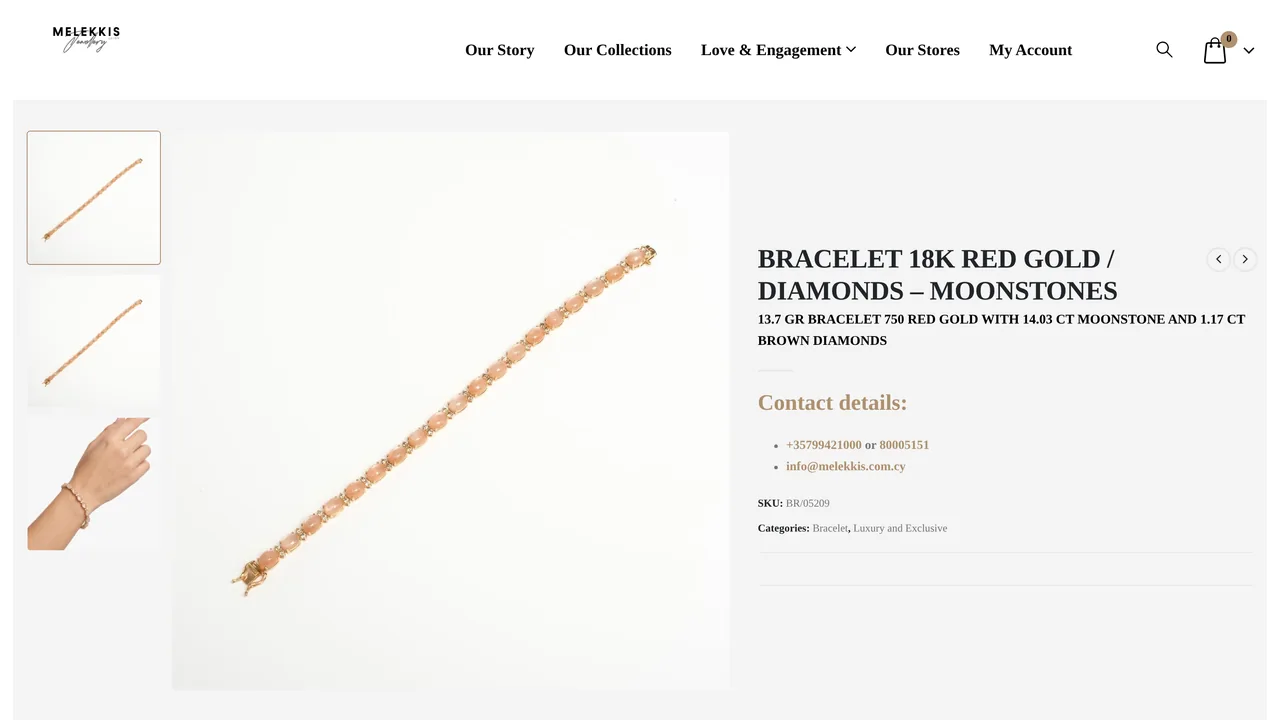 Melekkis Jewellery product page for an 18k red gold bracelet with moonstones and diamonds, with image thumbnails and product details